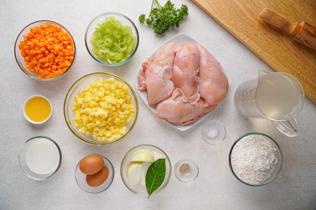 Amish Chicken Pot Pie ingredients on white counter