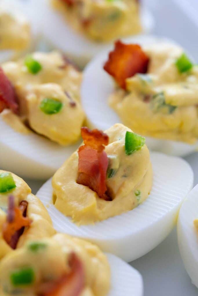 close up of bacon jalapeño deviled eggs