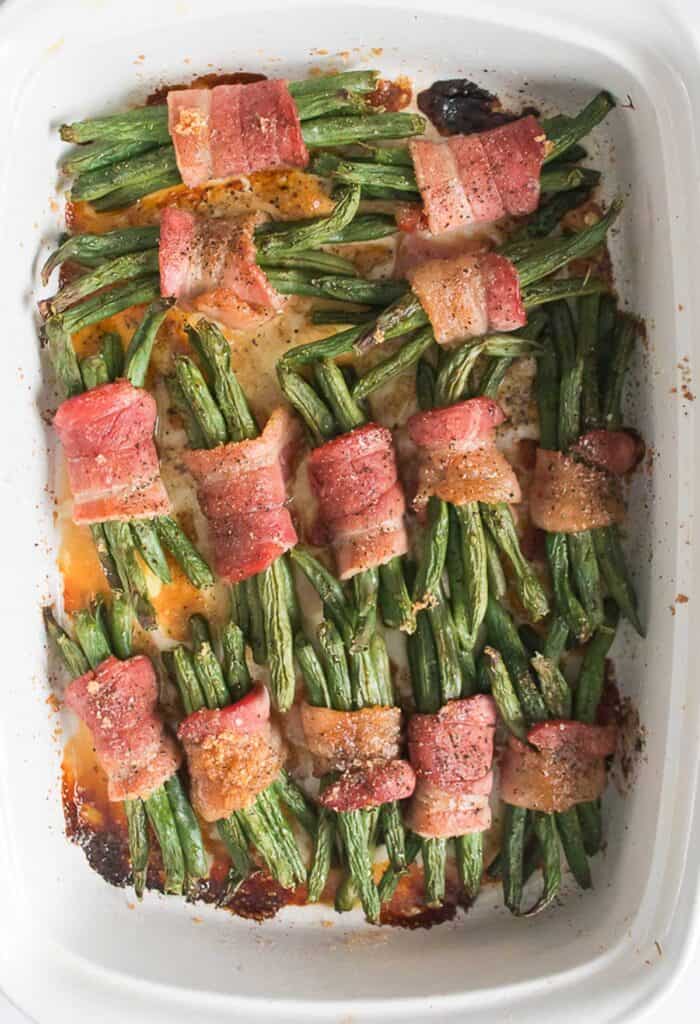 bacon wrapped green bean bundles after baking