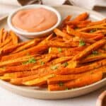 sweet potato fries and dipping sauce on plate