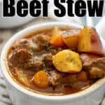 bowl of instant pot beef stew in white bowl with text overlay