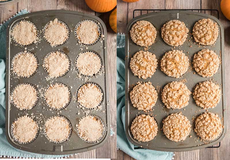 best pumpkin muffin with crumble topping before and after baking in muffin tin