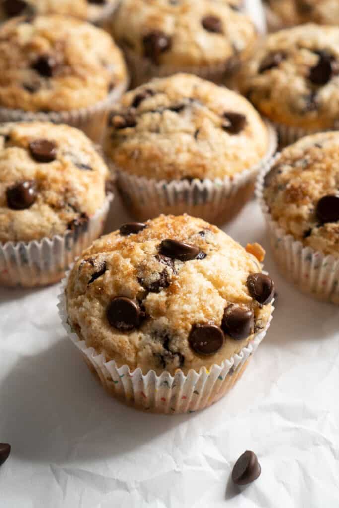 chocolate chip muffins on parchment paper