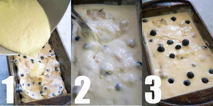 collage with step by step tutorial for layering blueberry bread batter in loaf pan