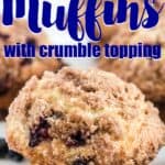 close up of blueberry muffin with crumble topping