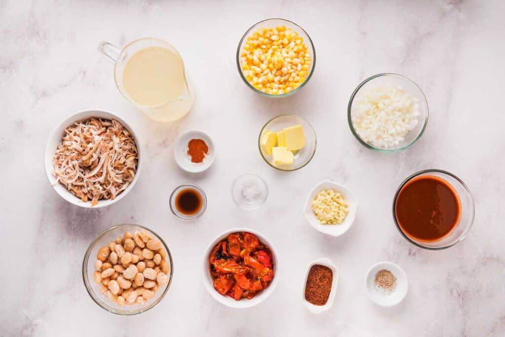 Brunswick stew ingredients on marble countertop