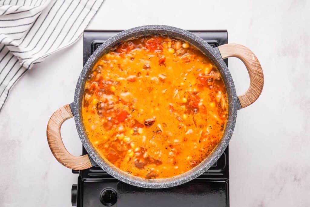 overhead view of pot of Brunswick stew