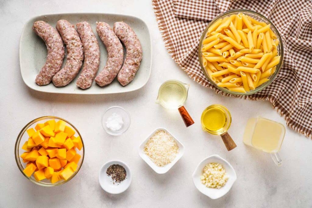 butternut squash and sausage pasta ingredients on countertop