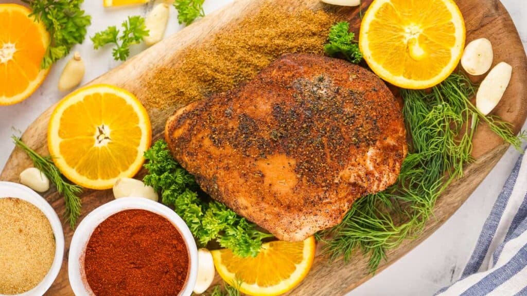 smoked cajun turkey breast on cutting board with orange slices and spices