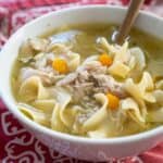 white bowl with chicken noodle soup