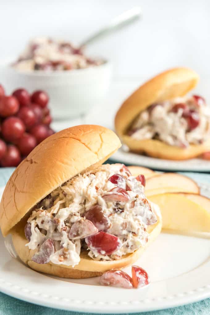 Everybody has their own favorite chicken salad and this one is mine-seasoned perfectly with the addition of grapes and pecans. Great recipe for lunch or picnics. I like mine as a sandwich or over a salad!