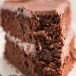 slice of chocolate cake on white plate with bite missing and text reading homemade chocolate cake