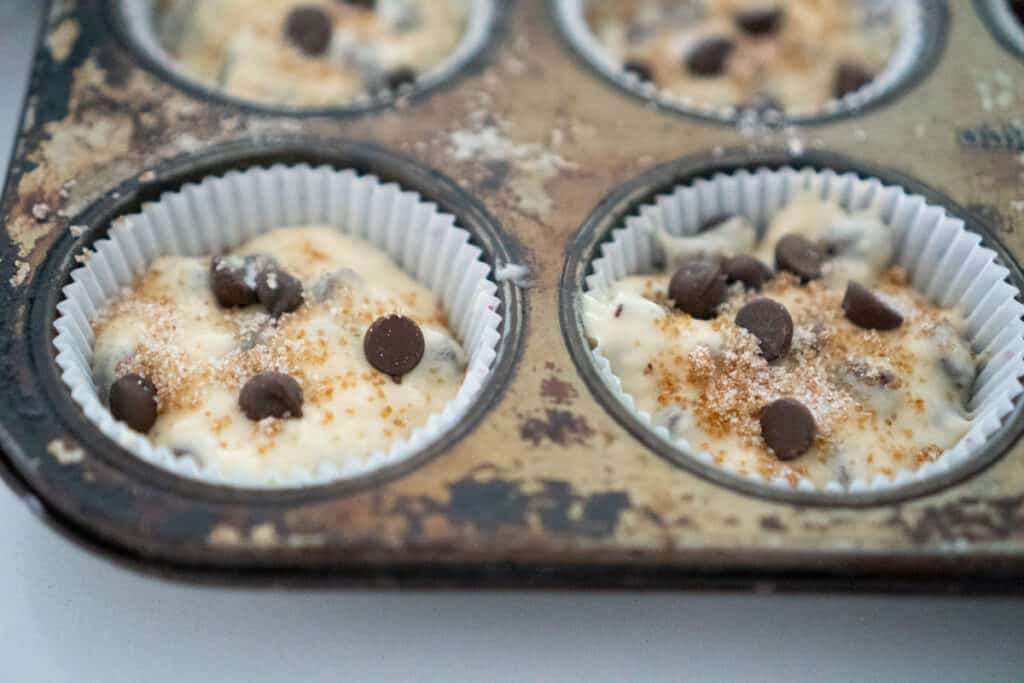 chocolate chip muffins in pan before baking