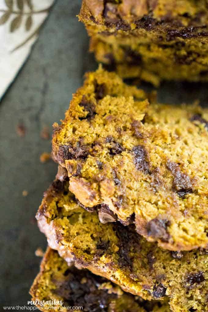 Chocolate Chip Pumpkin Zucchini Bread sliced on baking sheet