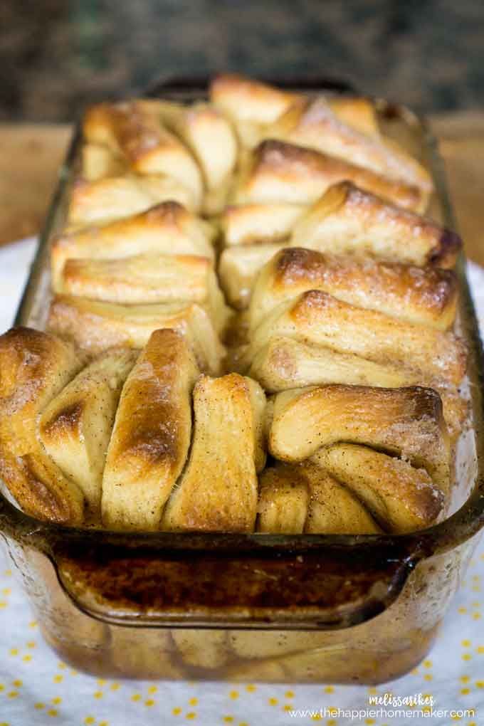 cinnamon pull apart bread in a glass baking dish