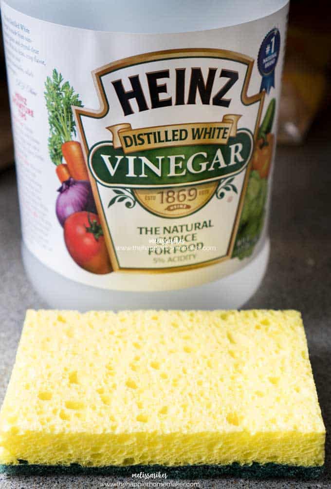 A close up of White Vinegar and a yellow sponge