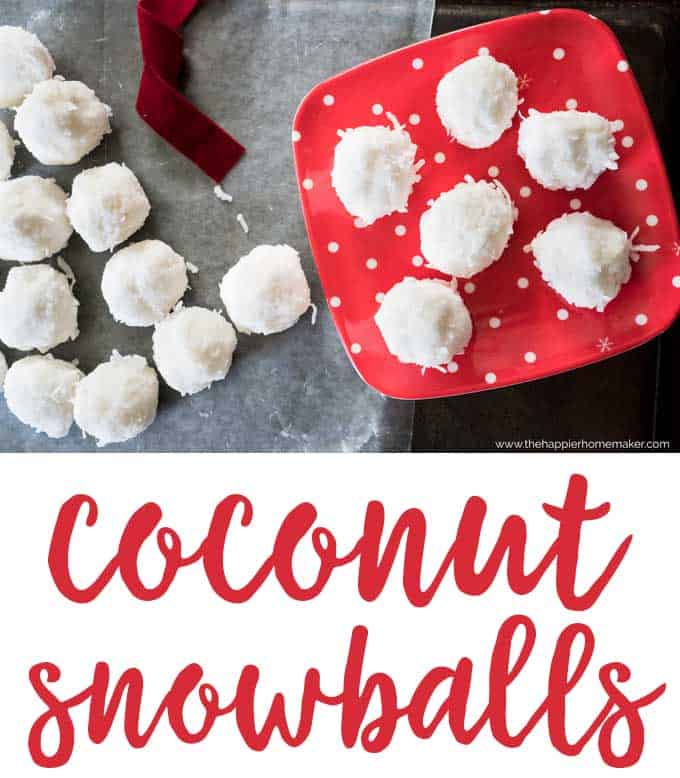 Coconut snowballs on a table cloth and red and white plate