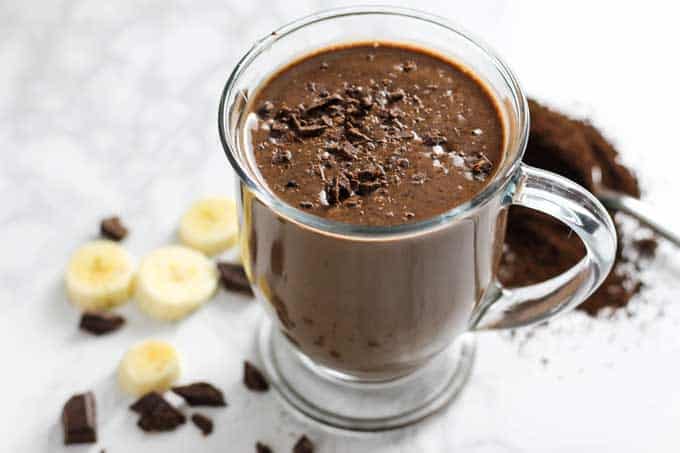 chocolate coffee smoothie topped with chocolate shavings