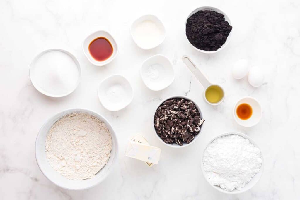 copycat crumbl oreo cookie ingredients on marble countertop