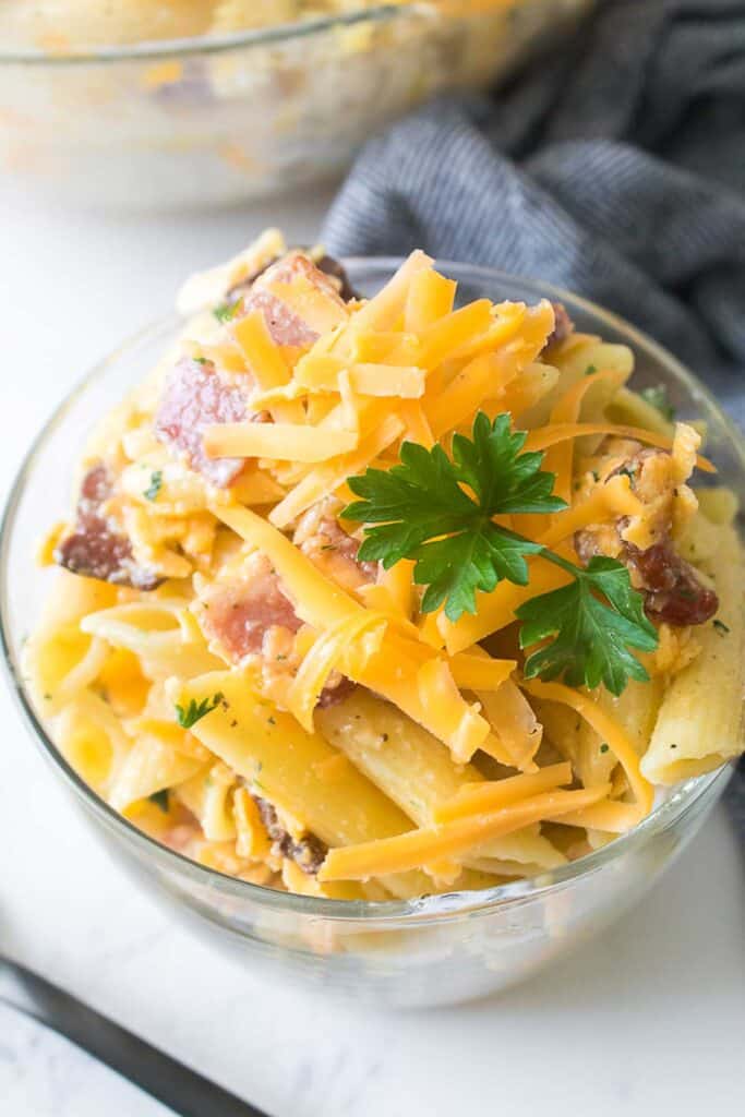 pasta salad in glass bowl