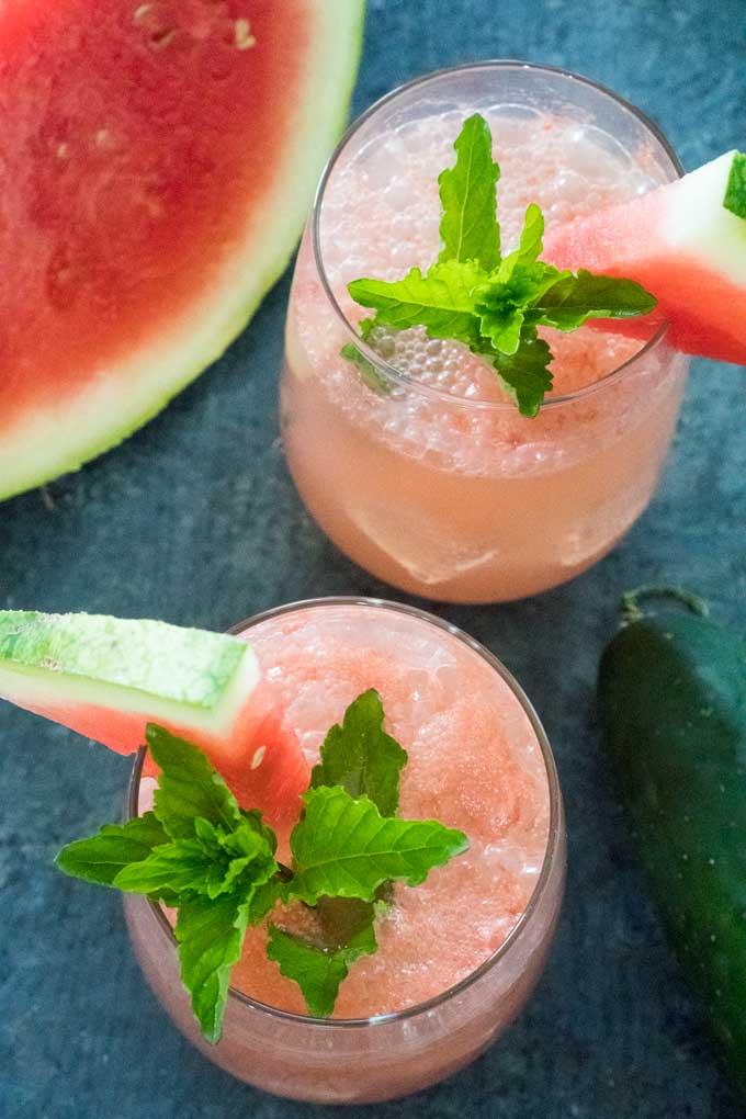 overhead view of 2 watermelon cucumber cocktails 