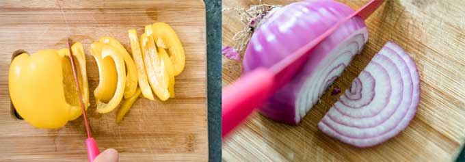 chopping bell pepper and red onion on cutting board