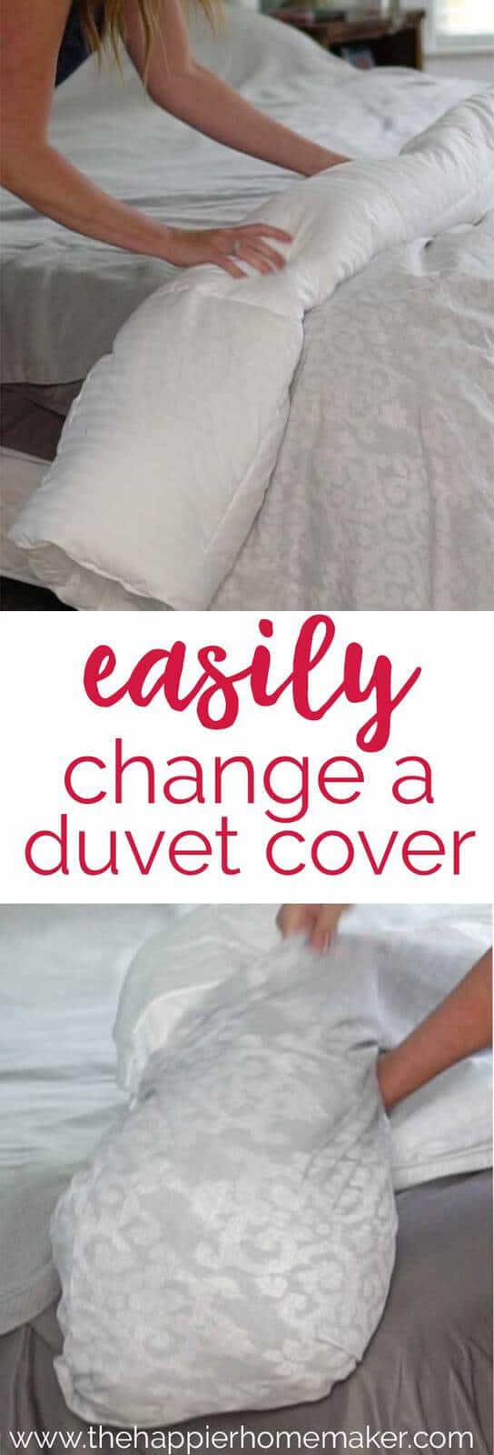 collage changing duvet cover with text reading easily change a duvet cover