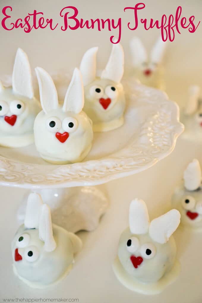 easter bunny truffles on white cake stand