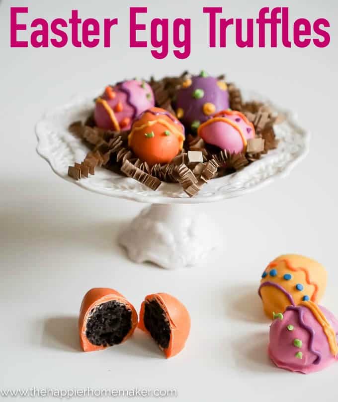 easter egg truffles on white cake stand