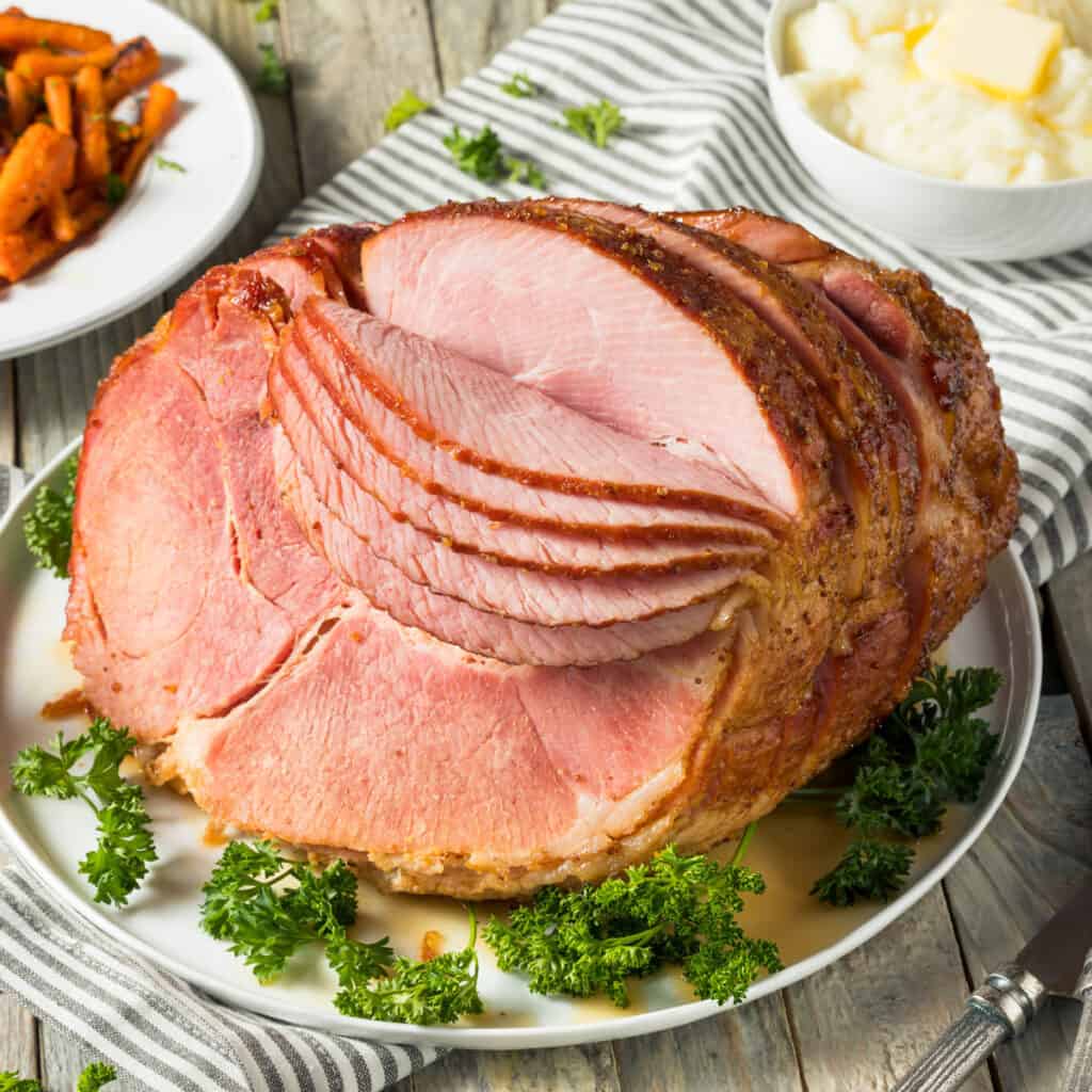 sliced ham on a dinner table with sides
