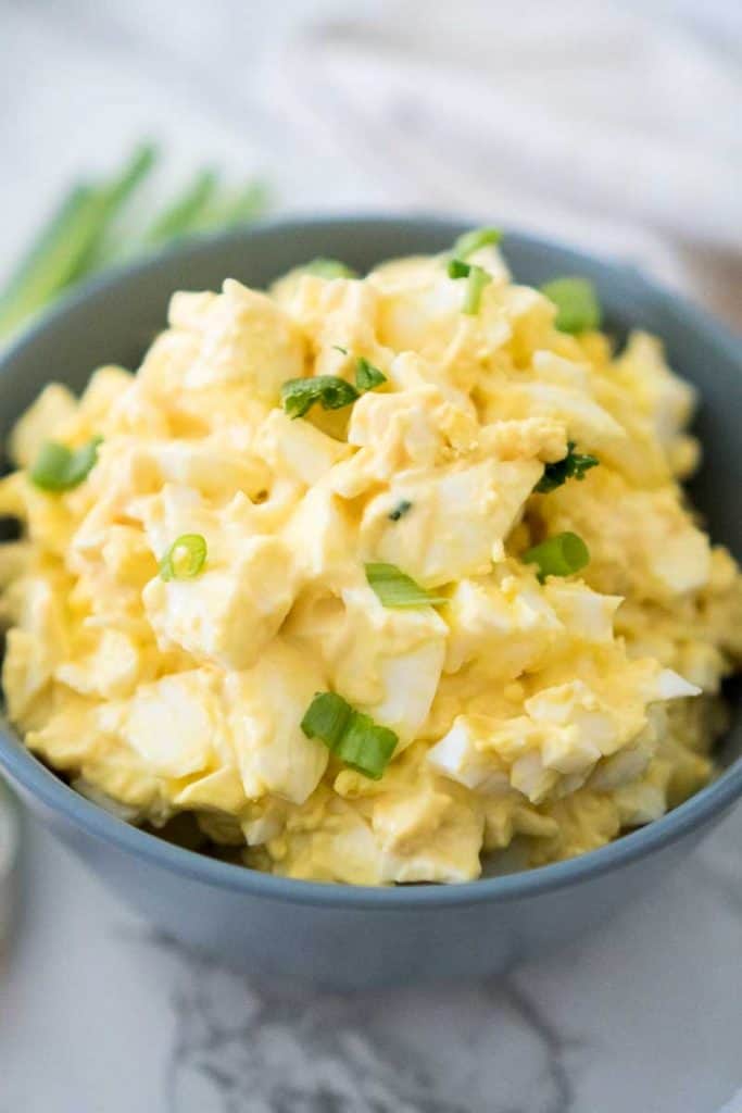 egg salad in grey bowl 