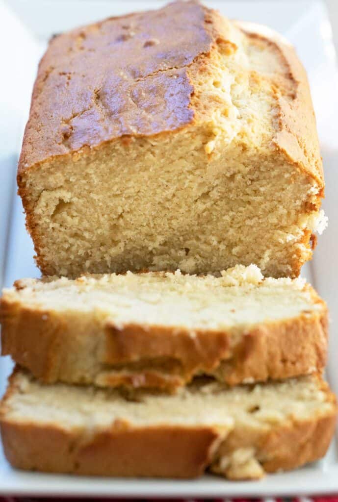 close up of sliced eggnog bread