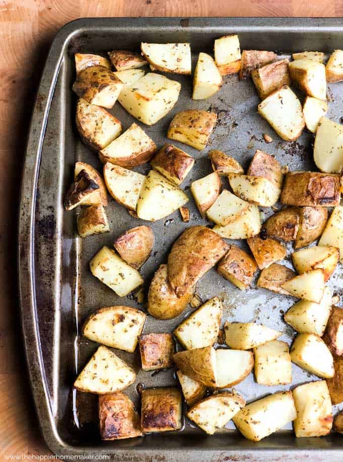 diced potatoes on baking sheet from overhead