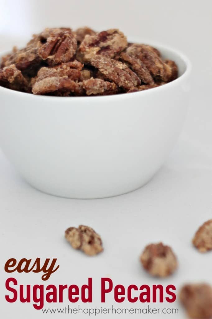 easy sugared pecans in white bowl