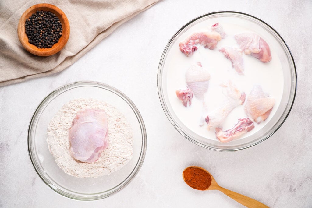 chicken in buttermilk and placed in flour dredge