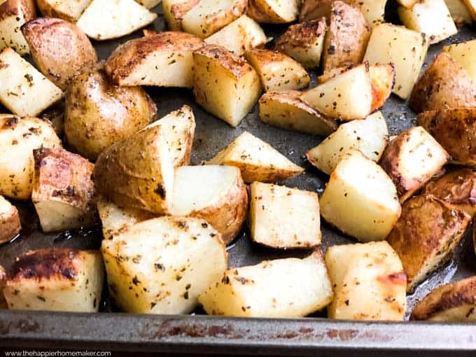 close up of roasted potatoes on baking sheet