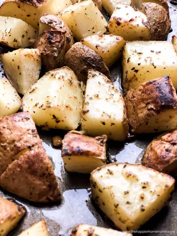 close up of diced roasted potatoes
