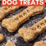 text reading homemade dog treats over photo of dog treats on baking sheet