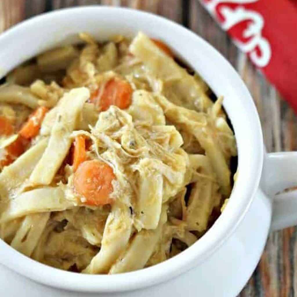 close up of chicken and egg noodles in white bowl