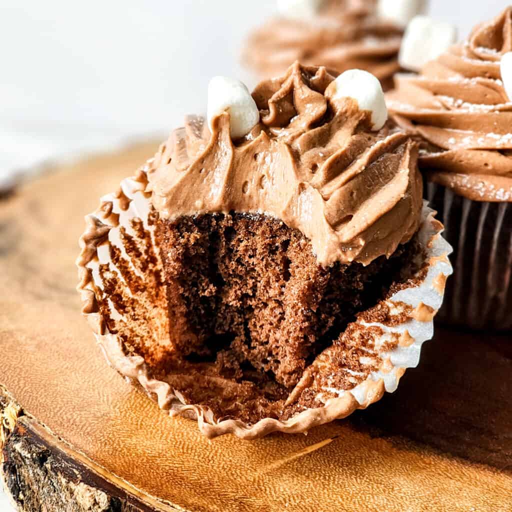 hot chocolate cupcake with bite taken out