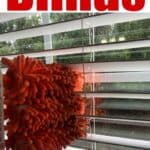cleaning blinds with microfiber tool and text reading how to clean blinds