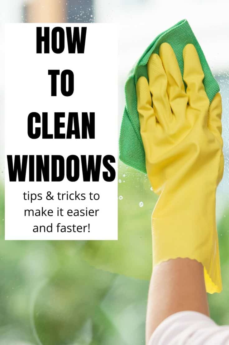 text reading how to clean windows with photo of hand in yellow rubber glove wiping window with green cloth