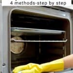 how to clean your oven in text over picture of hand in glove wiping down oven rack