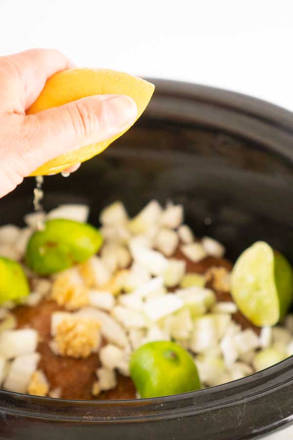 chicken, diced onion, liimes, garlic and orange in crock pot