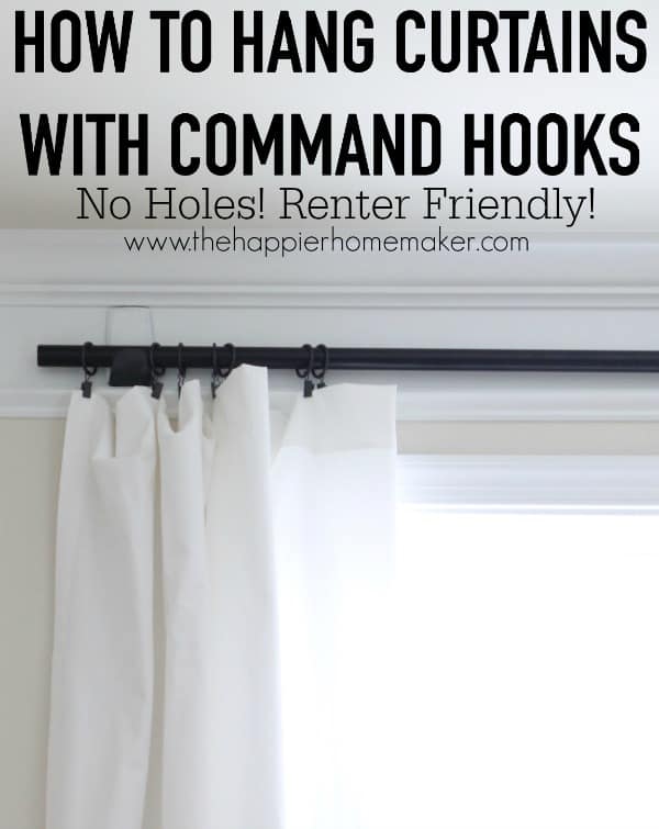 white floor length curtains hung with command hooks and curtain rod and text reading \"how to hang curtains with command hooks, no holes, renter friendly\"