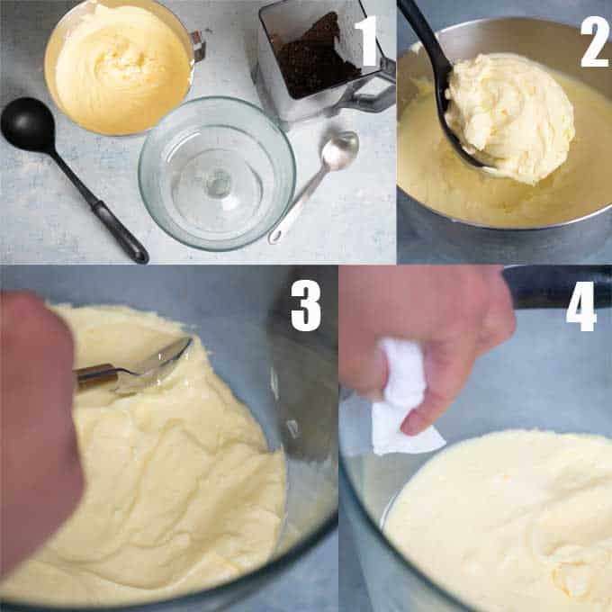 step by step tutorial for spreading pudding mix in a trifle dish for dirt cake