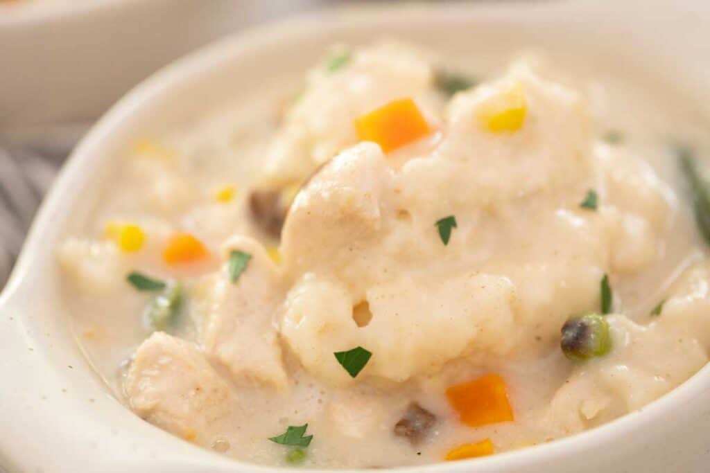 close up of bowl of chicken and sumplings