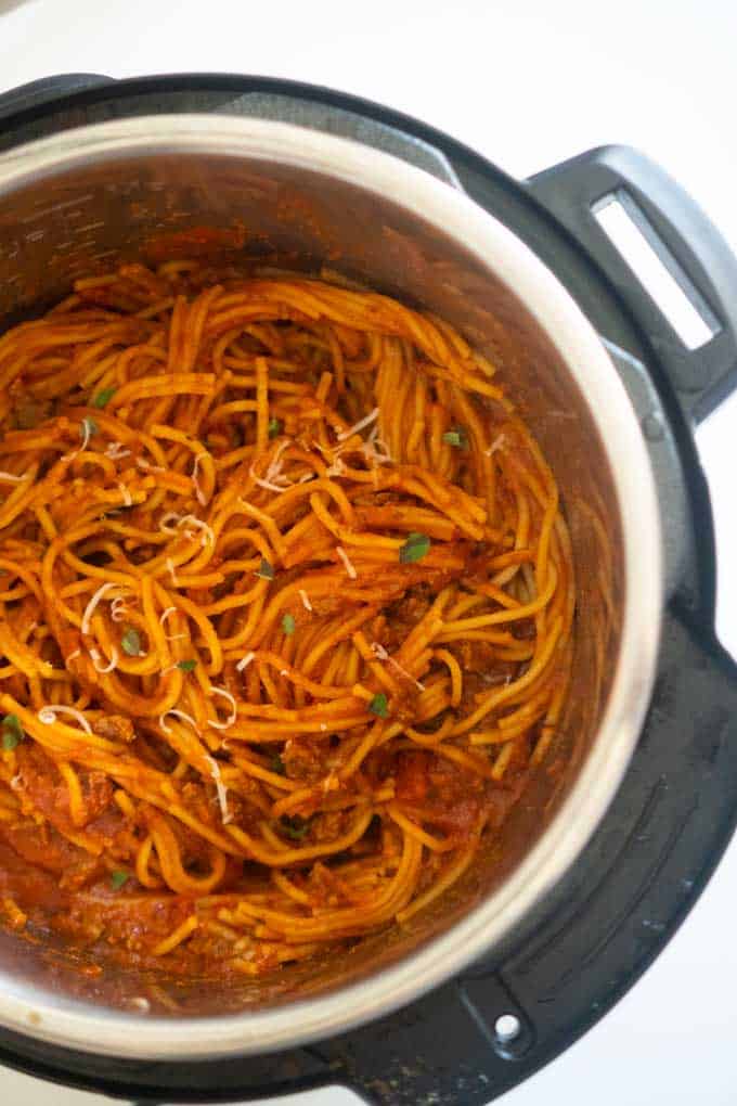 overhead view of instant pot spaghetti in pressure cooker