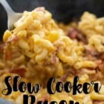 clow cooker mac and cheese with bacon in spoon