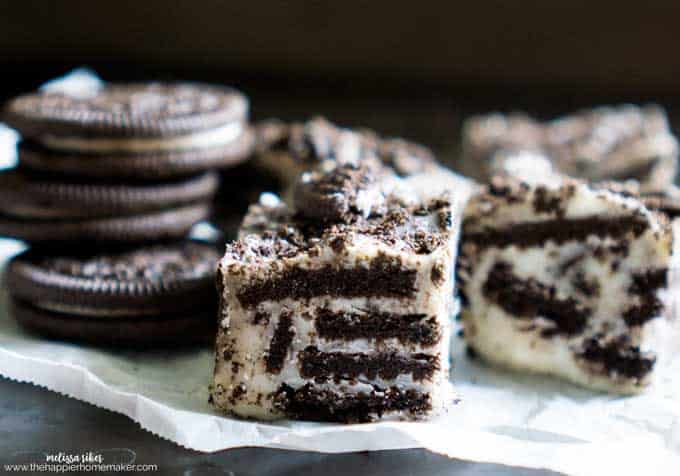 A close up of a piece of three ingredient Oreo cookie with chocolate fudge